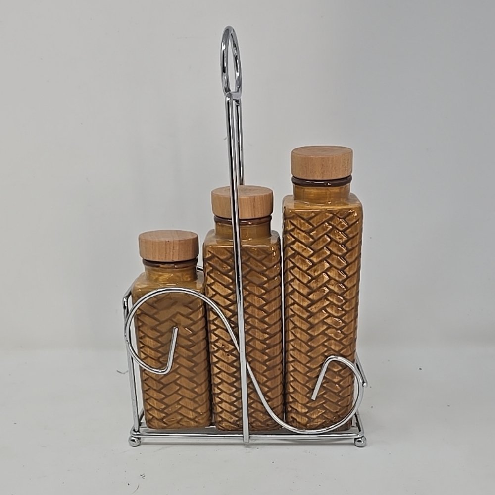 Vtg Waikiki 3pc bottles century ceramic containers w/stand Hawaiian tiki Island - Picture 3 of 3